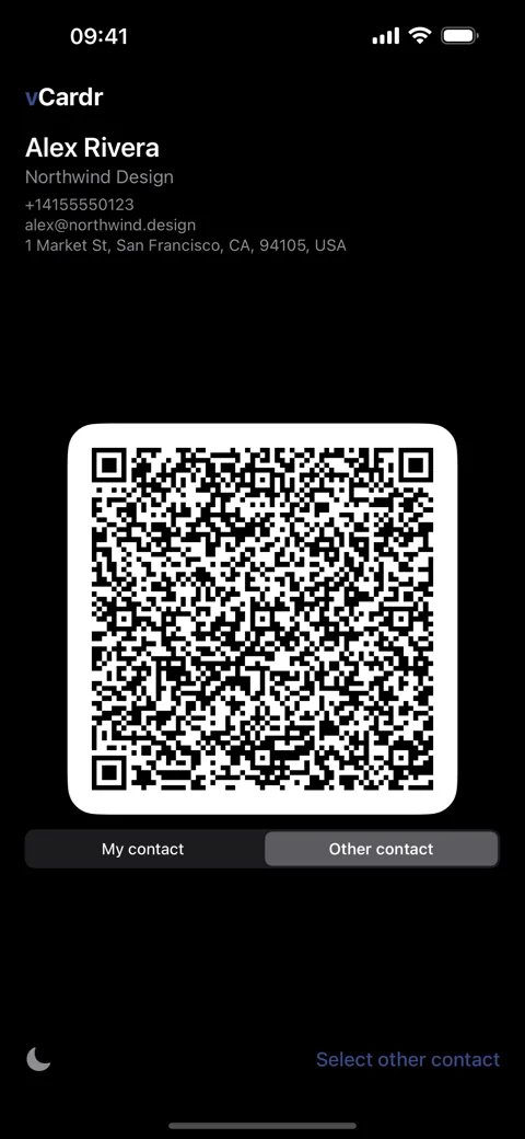 vCardr showing a contact's name and details above its QR code.