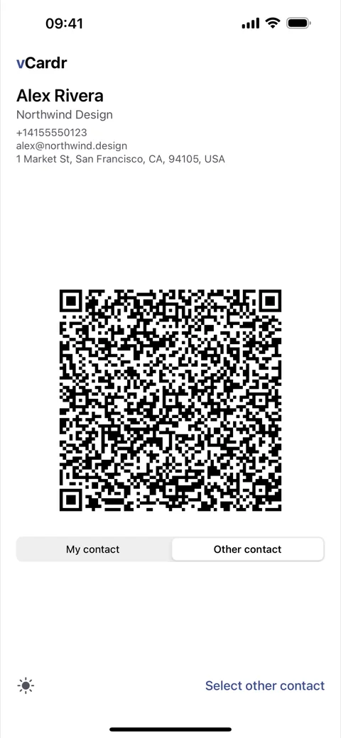 vCardr showing a contact's name and details above its QR code.
