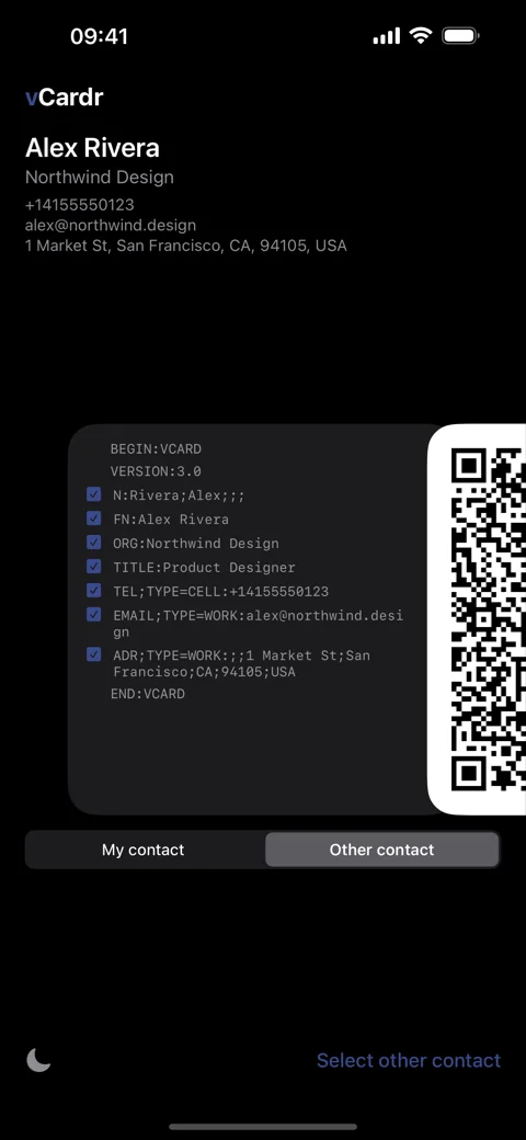 vCardr's source panel with a checkbox next to each contact field.