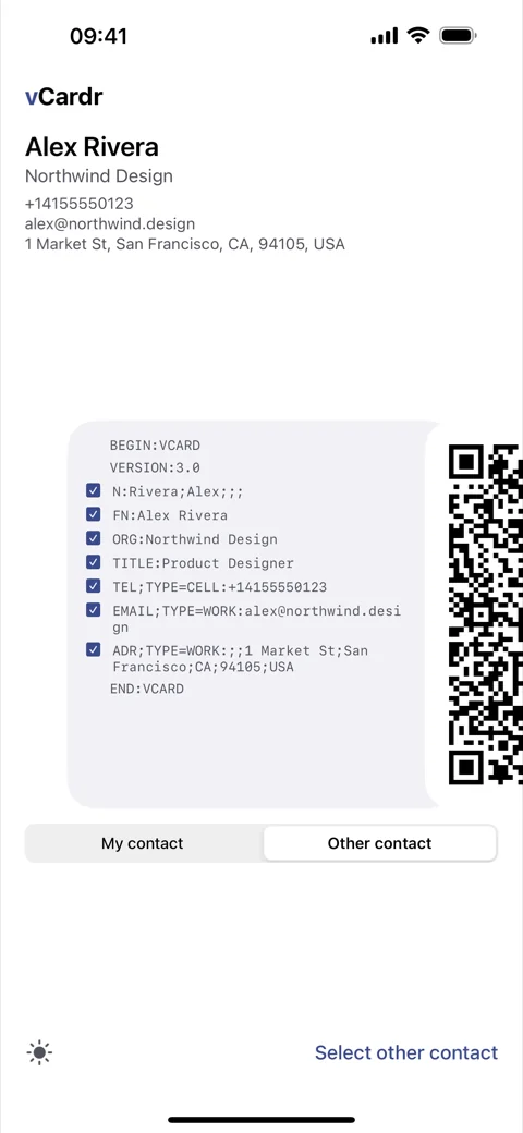 vCardr's source panel with a checkbox next to each contact field.